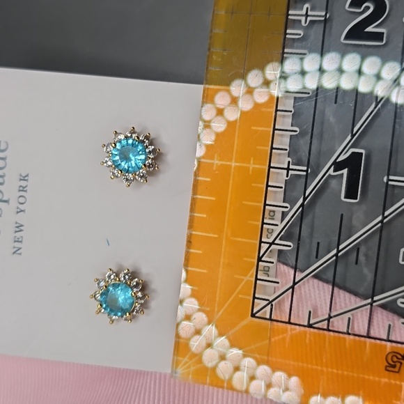 Kate Spade Aquamarine Halo Stud Earrings with cubic zirconia accents** - Picture 2 of 3